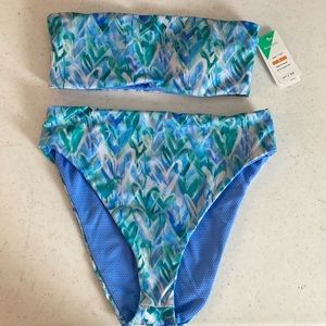 Splendid Reversible Graffiti Heart Bandeau Bikini Blue Green size Small